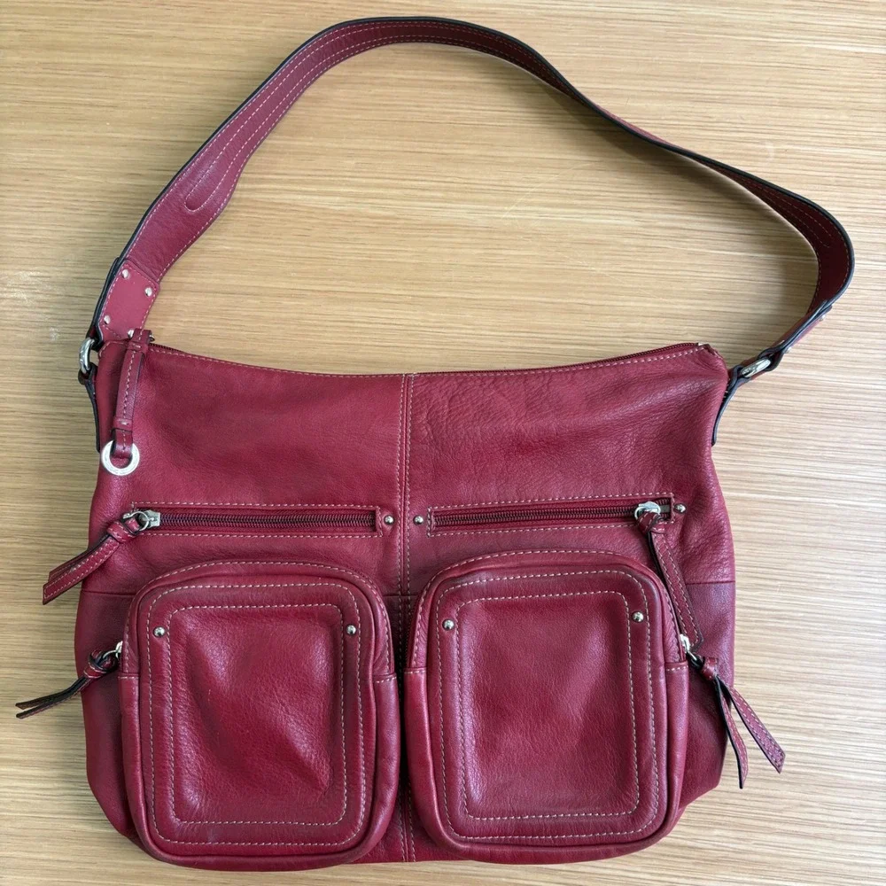 Tignanello Red Leather Shoulder Bag Multi Pocket Hobo Purse Women's 15x11